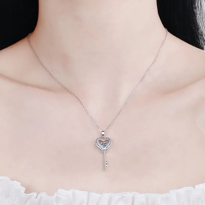 Moissanite Necklace Love Heart Key Pendant 0.5ct Sterling Silver D VVS1 Lab Diamond with GRA Certificate Necklace for Women