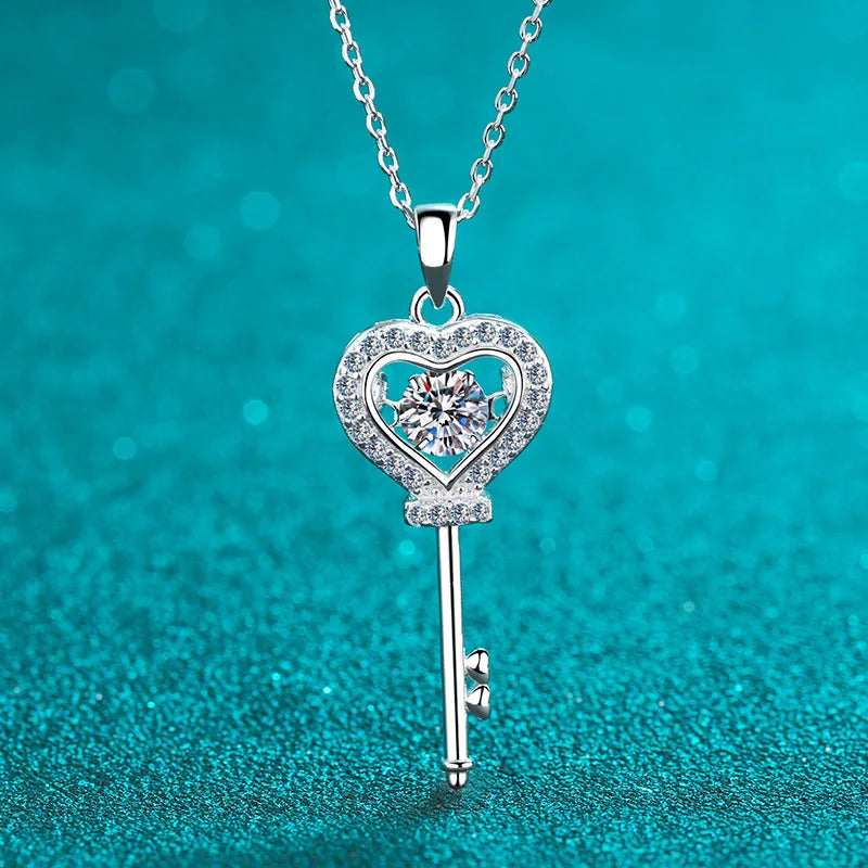 Moissanite Necklace Love Heart Key Pendant 0.5ct Sterling Silver D VVS1 Lab Diamond with GRA Certificate Necklace for Women