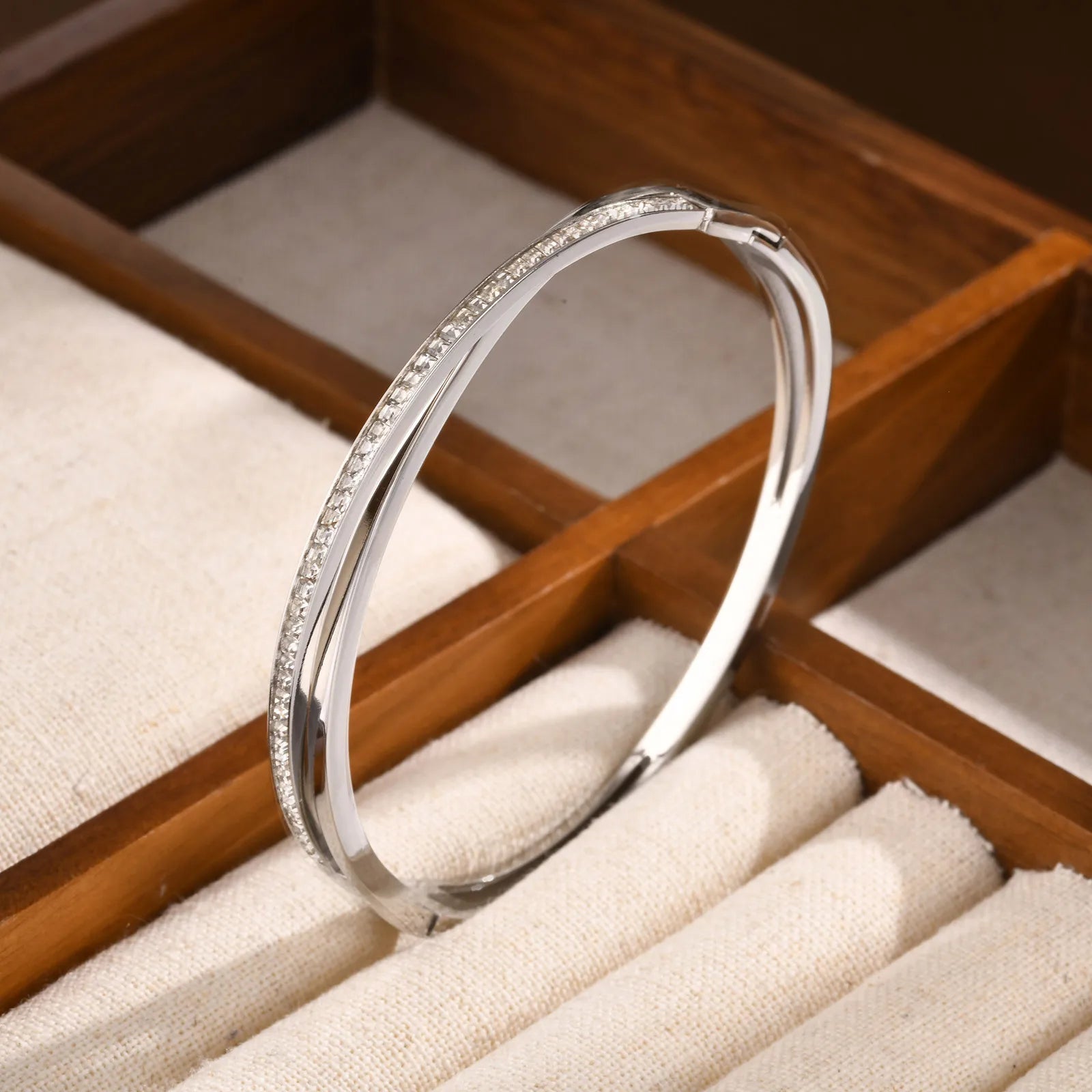 Luxury Layered Zircon Cuff Bracelet – Gold-Plated Stainless Steel Bangle for Women