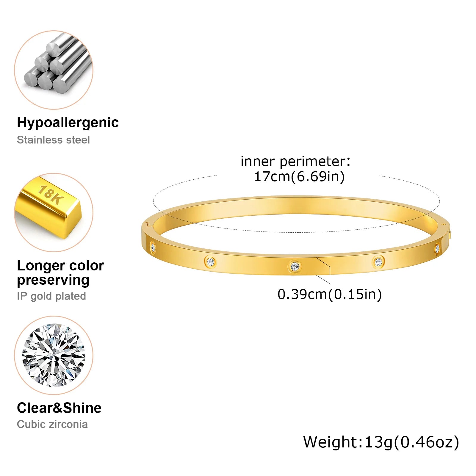 Luxury Gold-Plated Zircon Bangle – Waterproof Stainless Steel Bracelet for Women