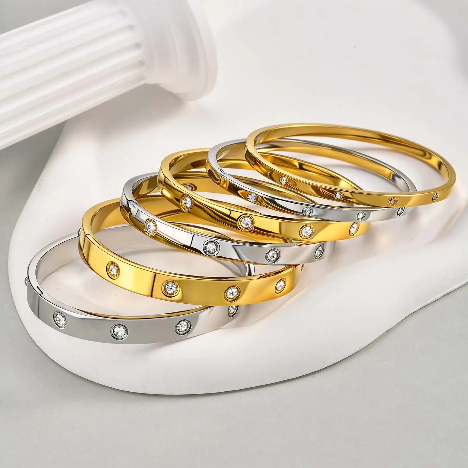 Luxury Gold-Plated Zircon Bangle – Waterproof Stainless Steel Bracelet for Women