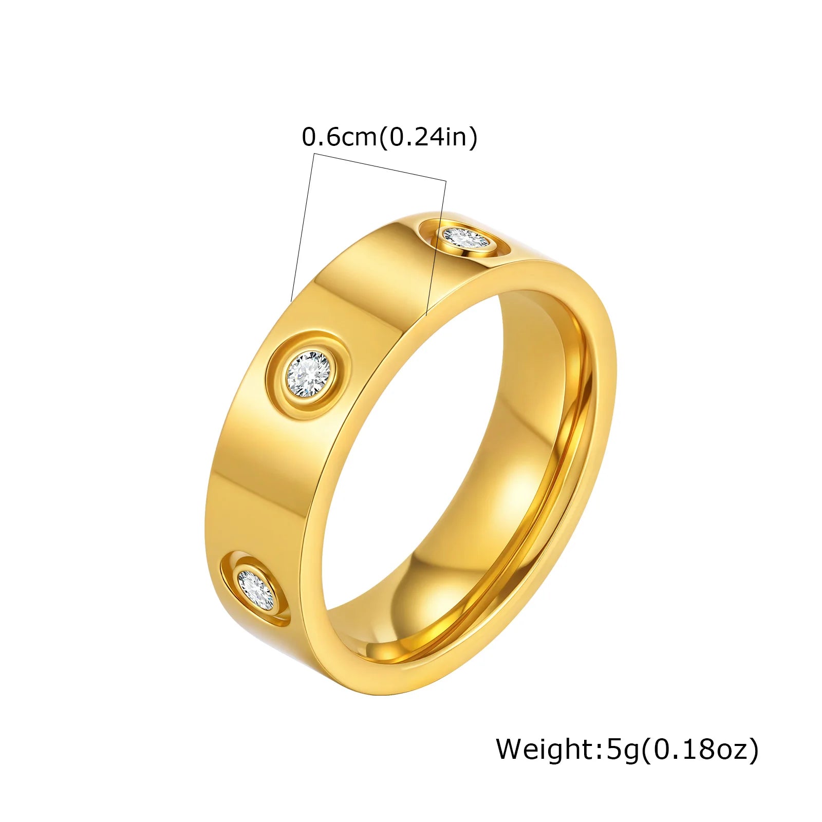 Luxury Gold-Plated Zircon Ring – Unisex Stainless Steel Jewelry, Sizes 5–12
