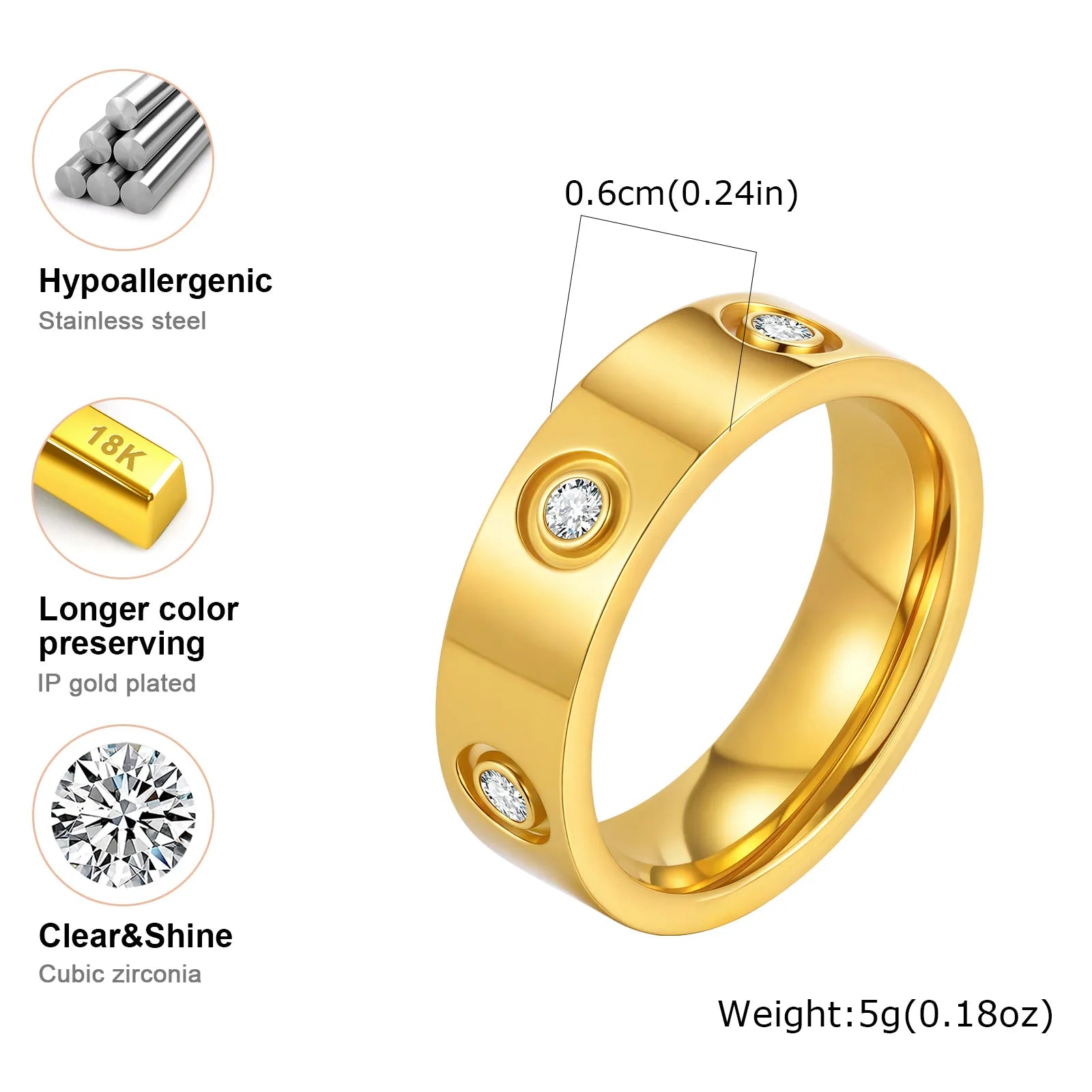 Luxury Gold-Plated Zircon Ring – Unisex Stainless Steel Jewelry, Sizes 5–12