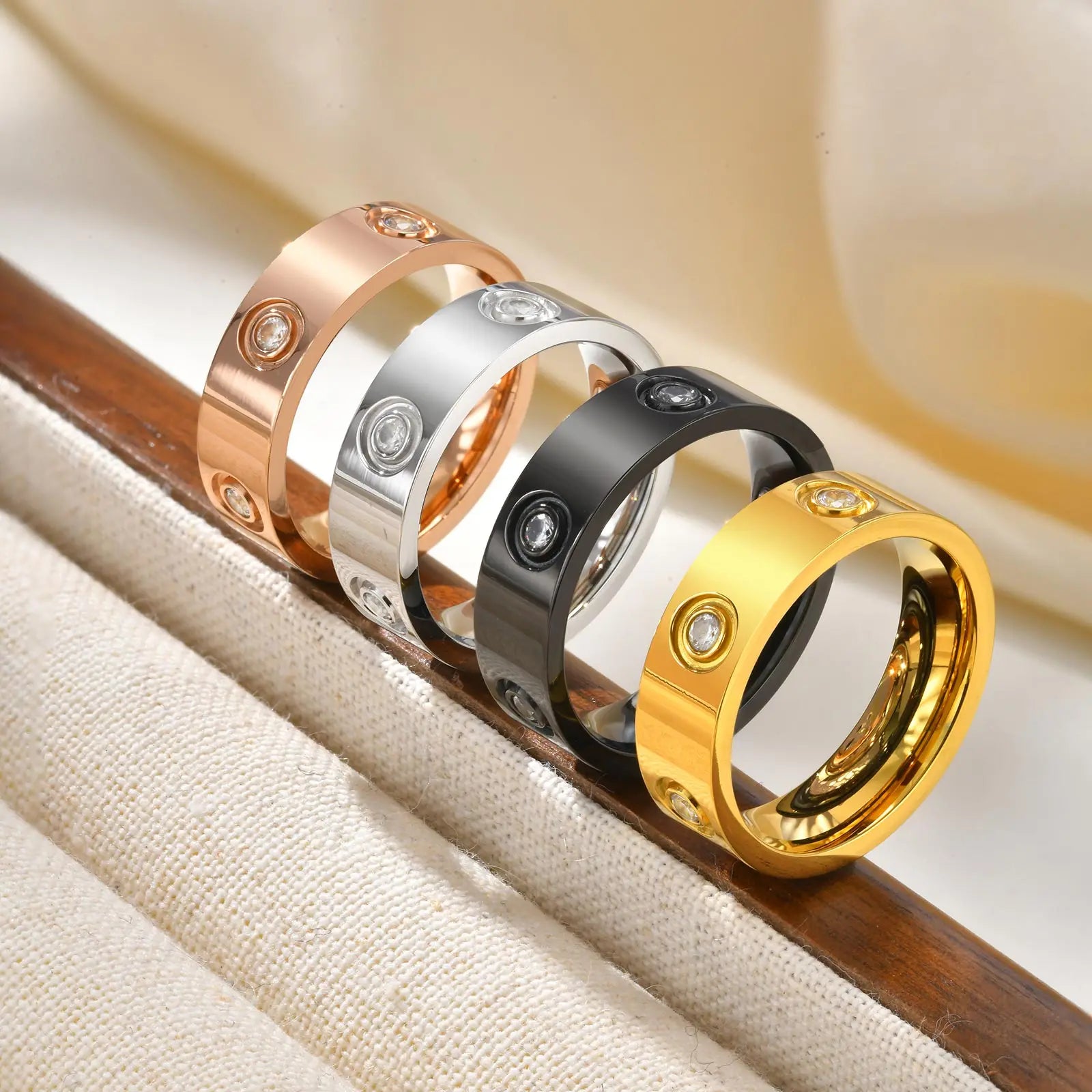 Luxury Gold-Plated Zircon Ring – Unisex Stainless Steel Jewelry, Sizes 5–12