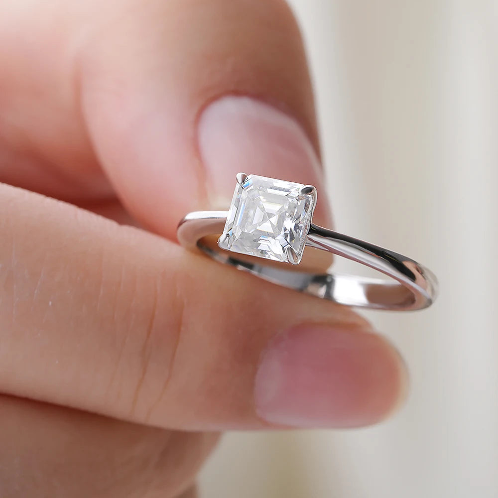 Certified 1CT Asscher Cut Moissanite Ring for Women 100% 925 Sterling Silver Lab Grown Diamond Engagement Wedding Band Jewelry