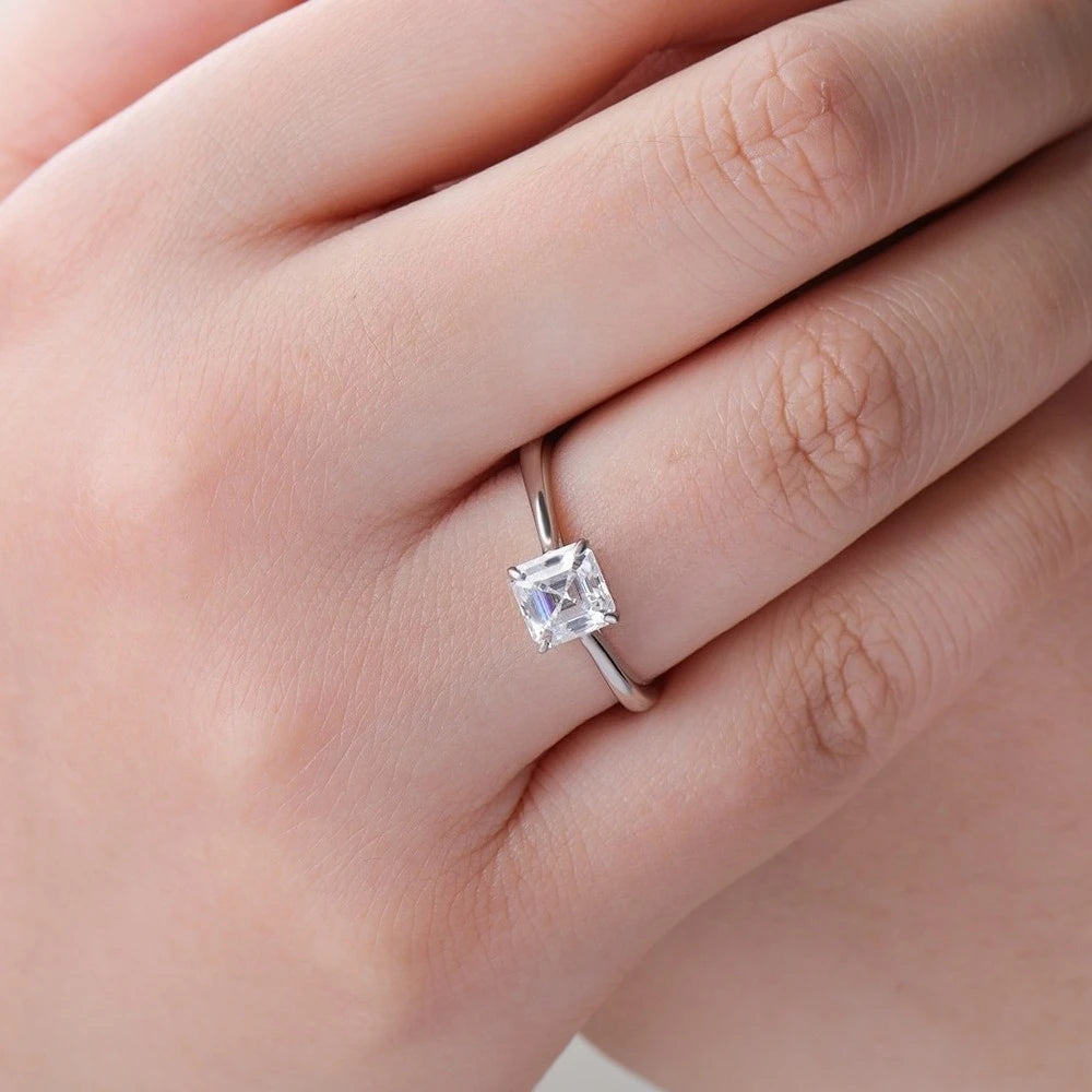 Certified 1CT Asscher Cut Moissanite Ring for Women 100% 925 Sterling Silver Lab Grown Diamond Engagement Wedding Band Jewelry