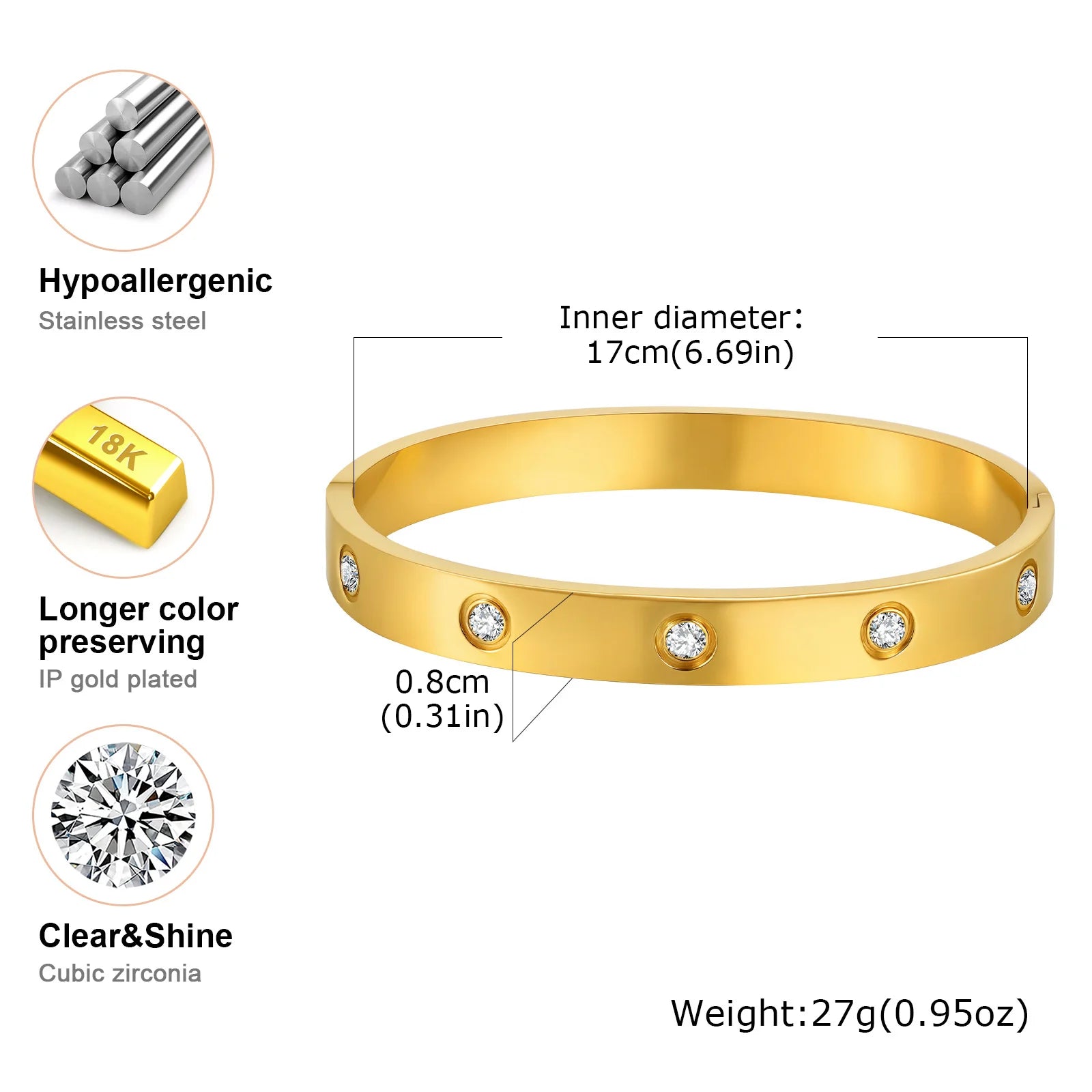 Luxury Gold-Plated Zircon Bangle – Waterproof Stainless Steel Bracelet for Women