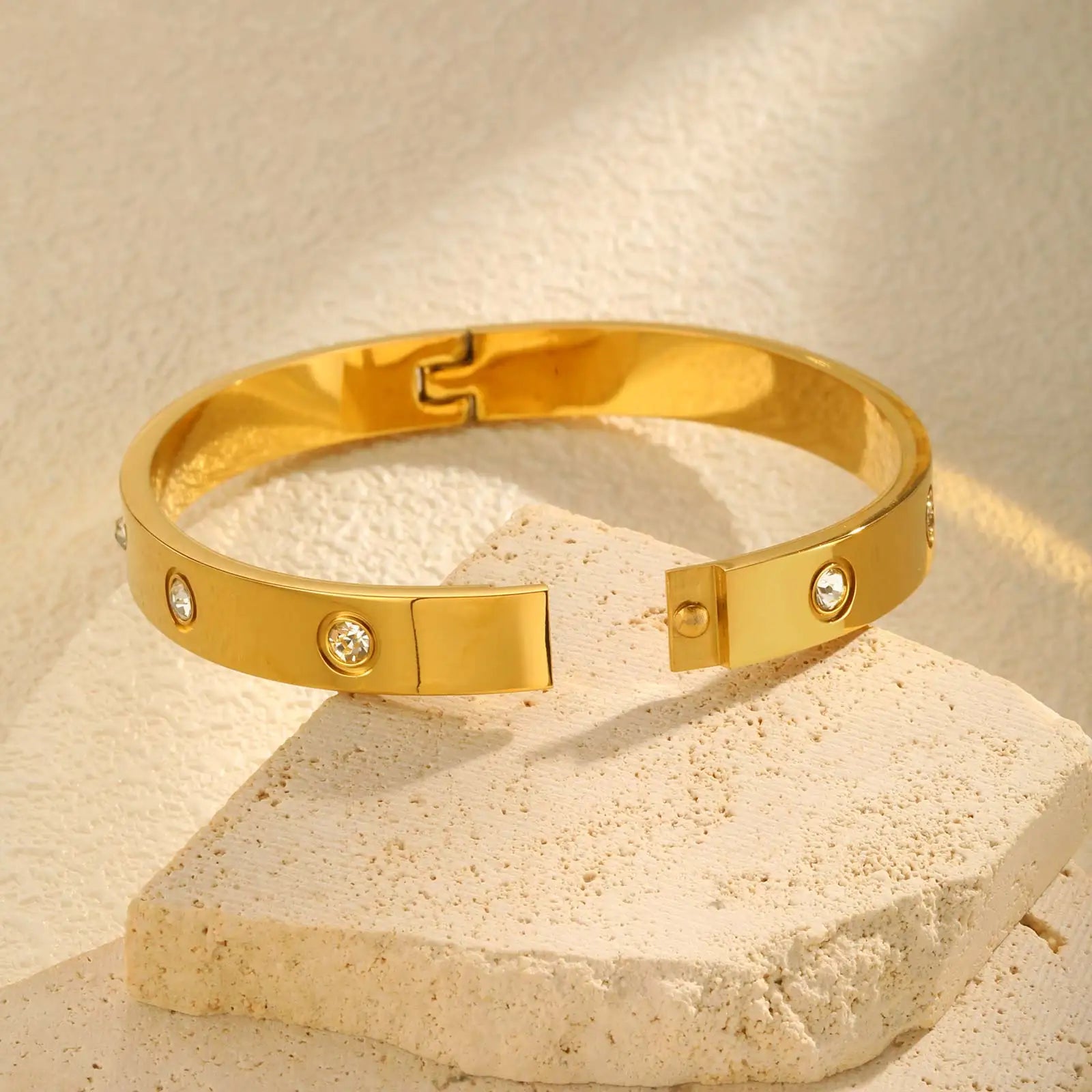 Luxury Gold-Plated Zircon Bangle – Waterproof Stainless Steel Bracelet for Women