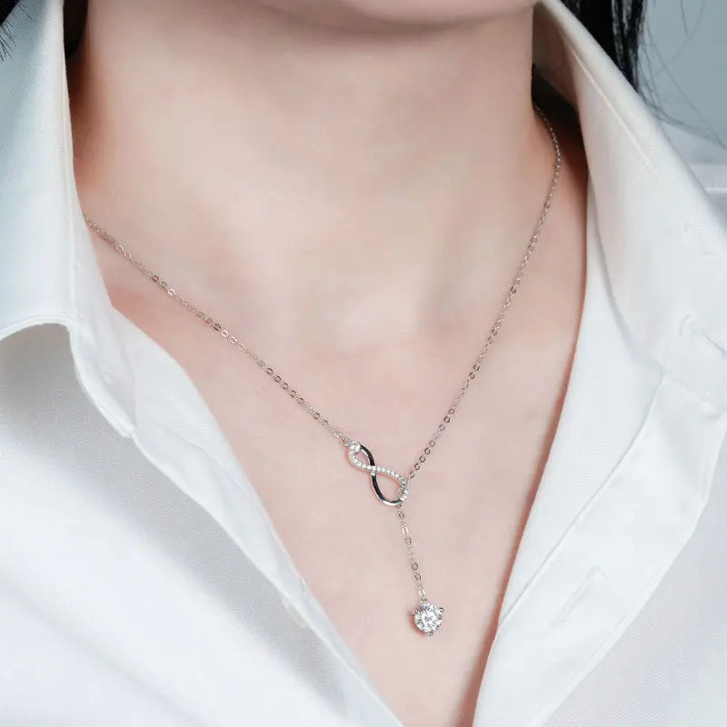 FEOBUR 1CT Moissanite Infinity Pendant Necklace for Women 925 Sterling Silver Y-shaped Clavicle Chain Wedding Jewelry Gift