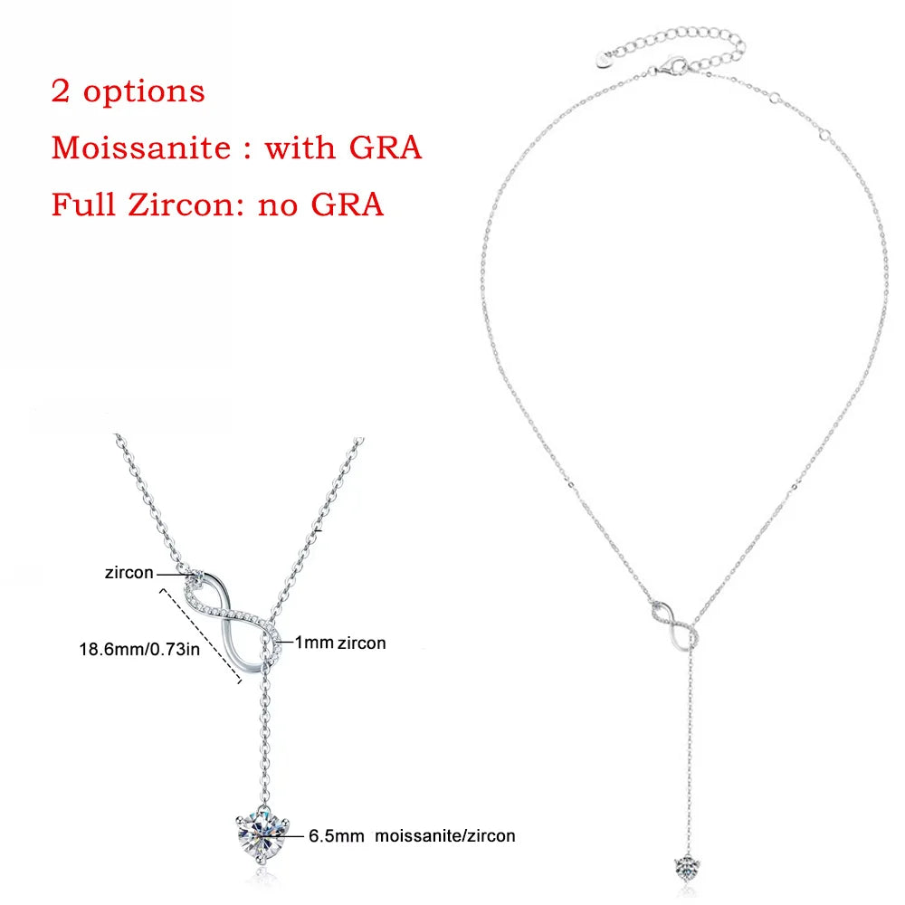 FEOBUR 1CT Moissanite Infinity Pendant Necklace for Women 925 Sterling Silver Y-shaped Clavicle Chain Wedding Jewelry Gift