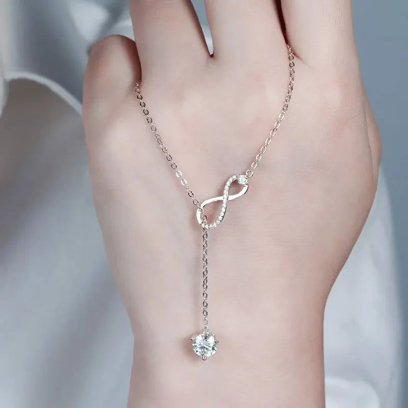 FEOBUR 1CT Moissanite Infinity Pendant Necklace for Women 925 Sterling Silver Y-shaped Clavicle Chain Wedding Jewelry Gift