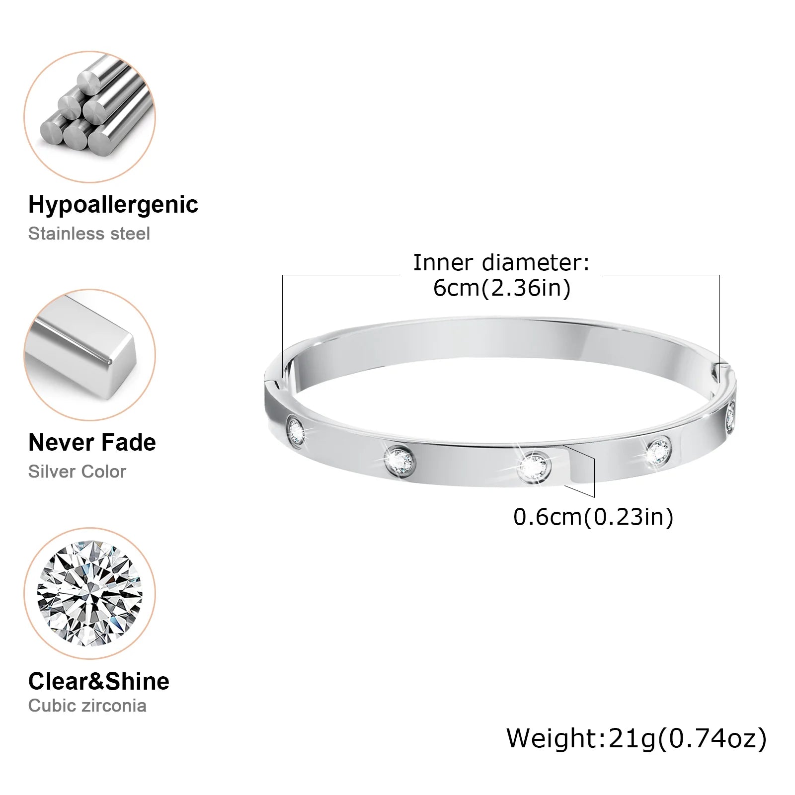 Luxury Gold-Plated Zircon Bangle – Waterproof Stainless Steel Bracelet for Women