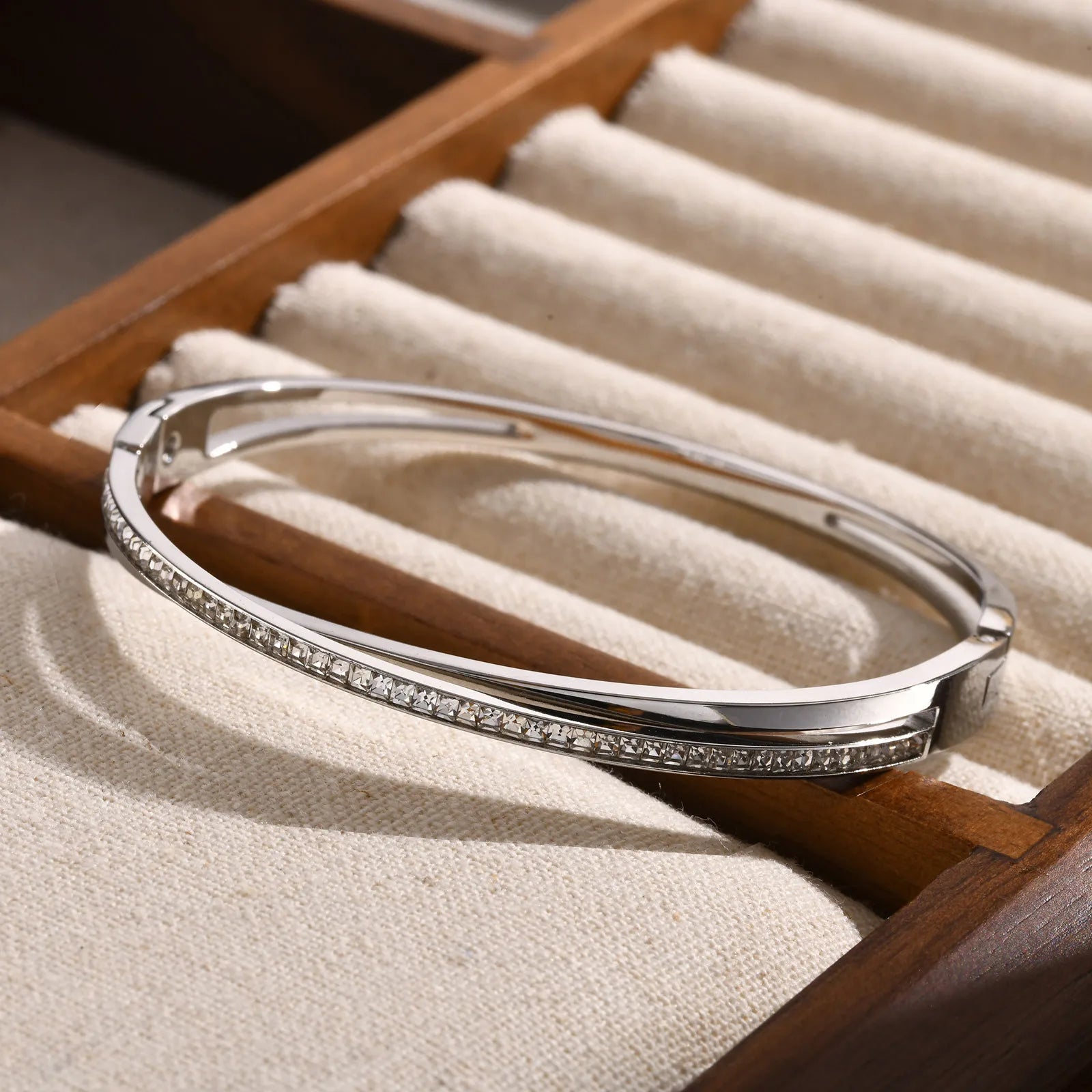 Luxury Layered Zircon Cuff Bracelet – Gold-Plated Stainless Steel Bangle for Women