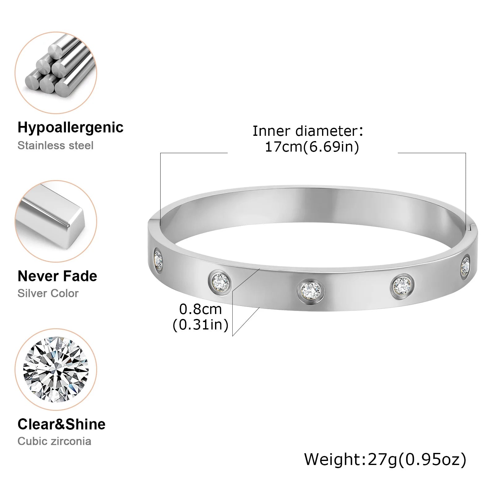 Luxury Gold-Plated Zircon Bangle – Waterproof Stainless Steel Bracelet for Women
