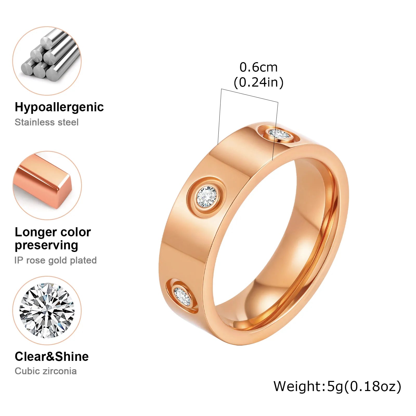 Luxury Gold-Plated Zircon Ring – Unisex Stainless Steel Jewelry, Sizes 5–12