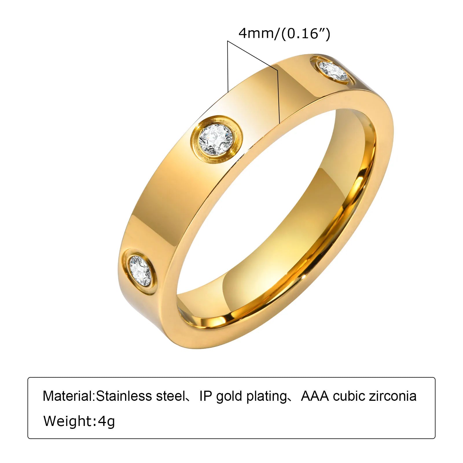 Luxury Gold-Plated Zircon Ring – Unisex Stainless Steel Jewelry, Sizes 5–12