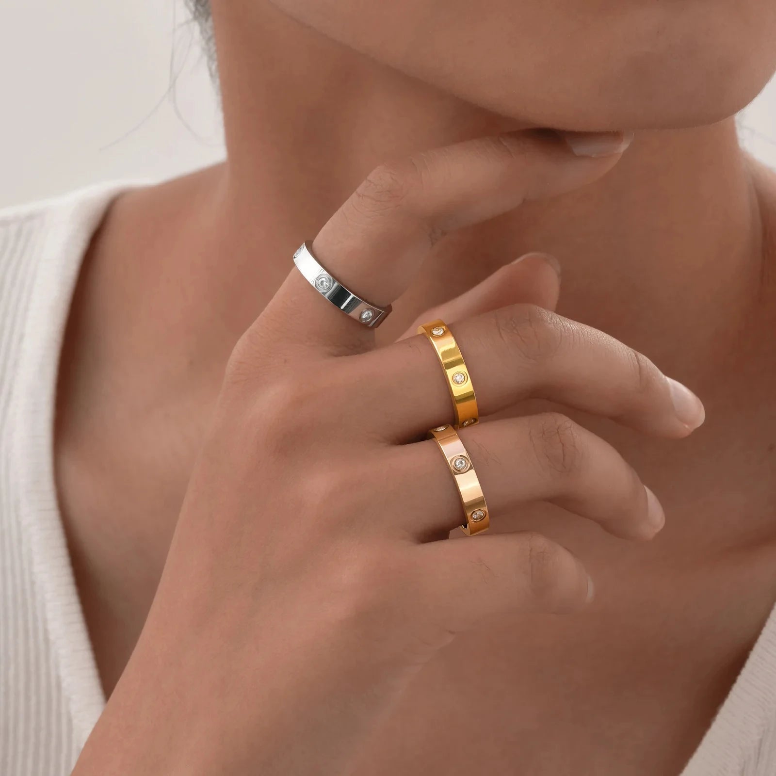 Luxury Gold-Plated Zircon Ring – Unisex Stainless Steel Jewelry, Sizes 5–12