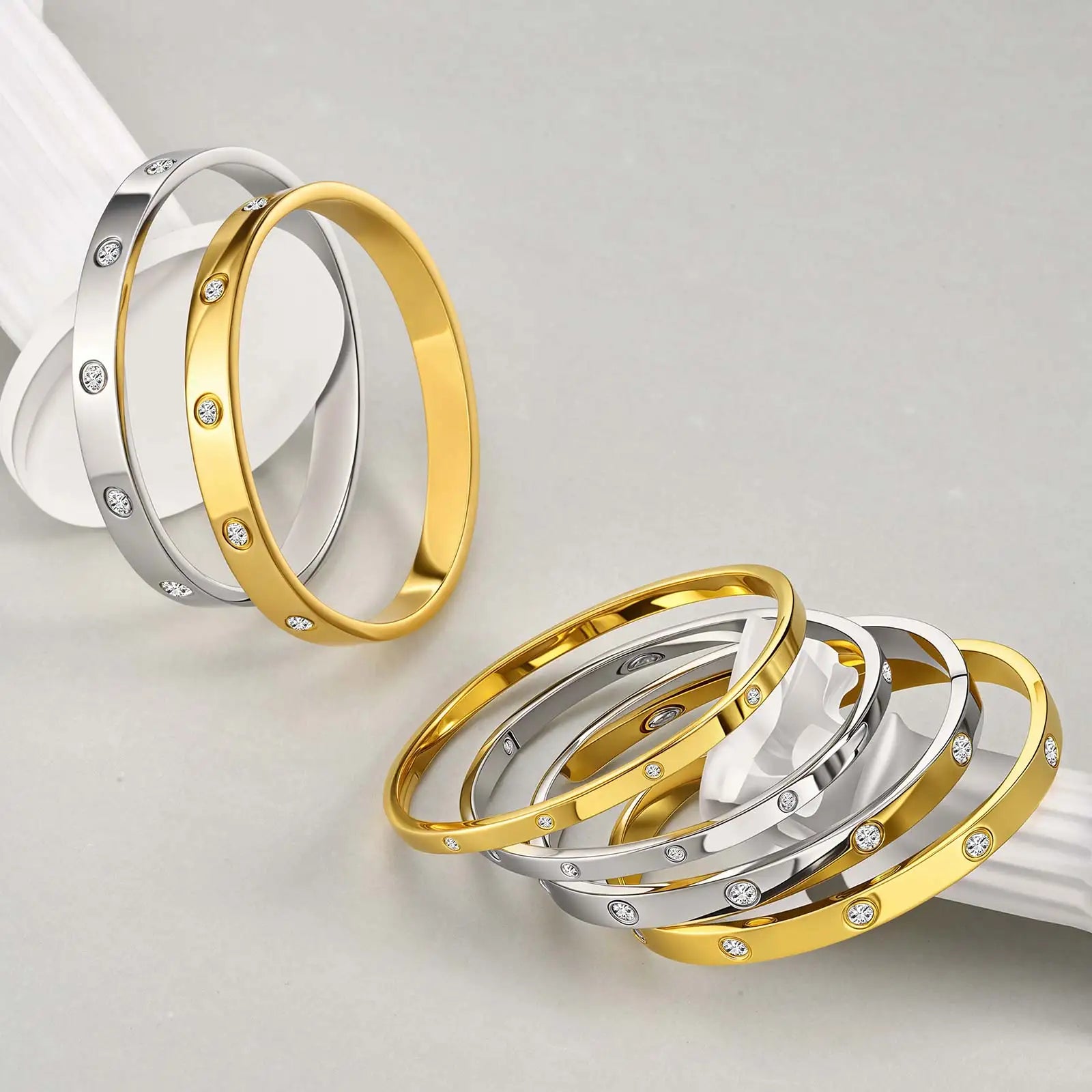 Luxury Gold-Plated Zircon Bangle – Waterproof Stainless Steel Bracelet for Women