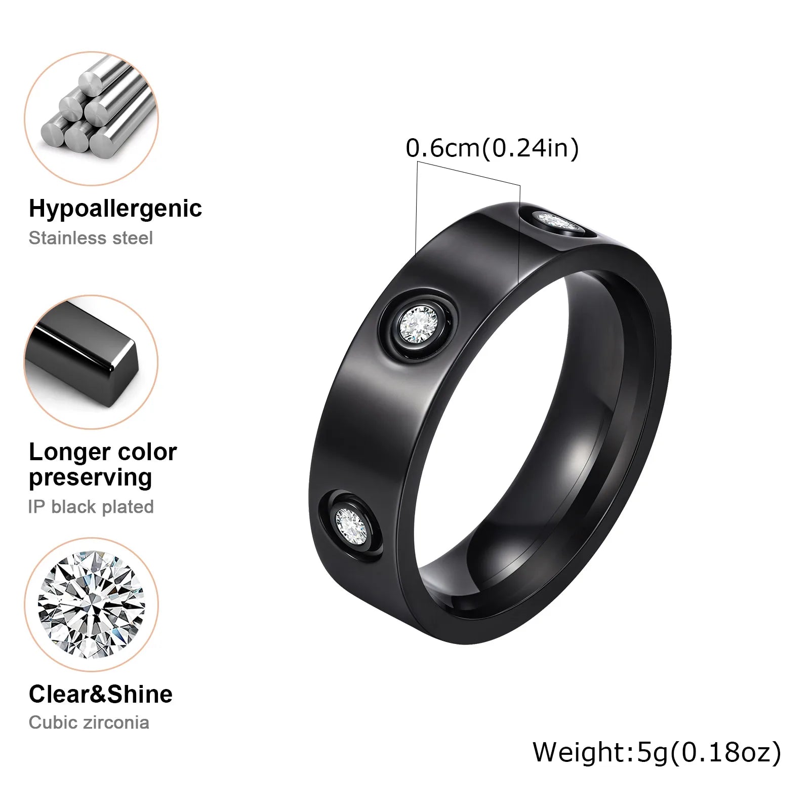 Luxury Gold-Plated Zircon Ring – Unisex Stainless Steel Jewelry, Sizes 5–12