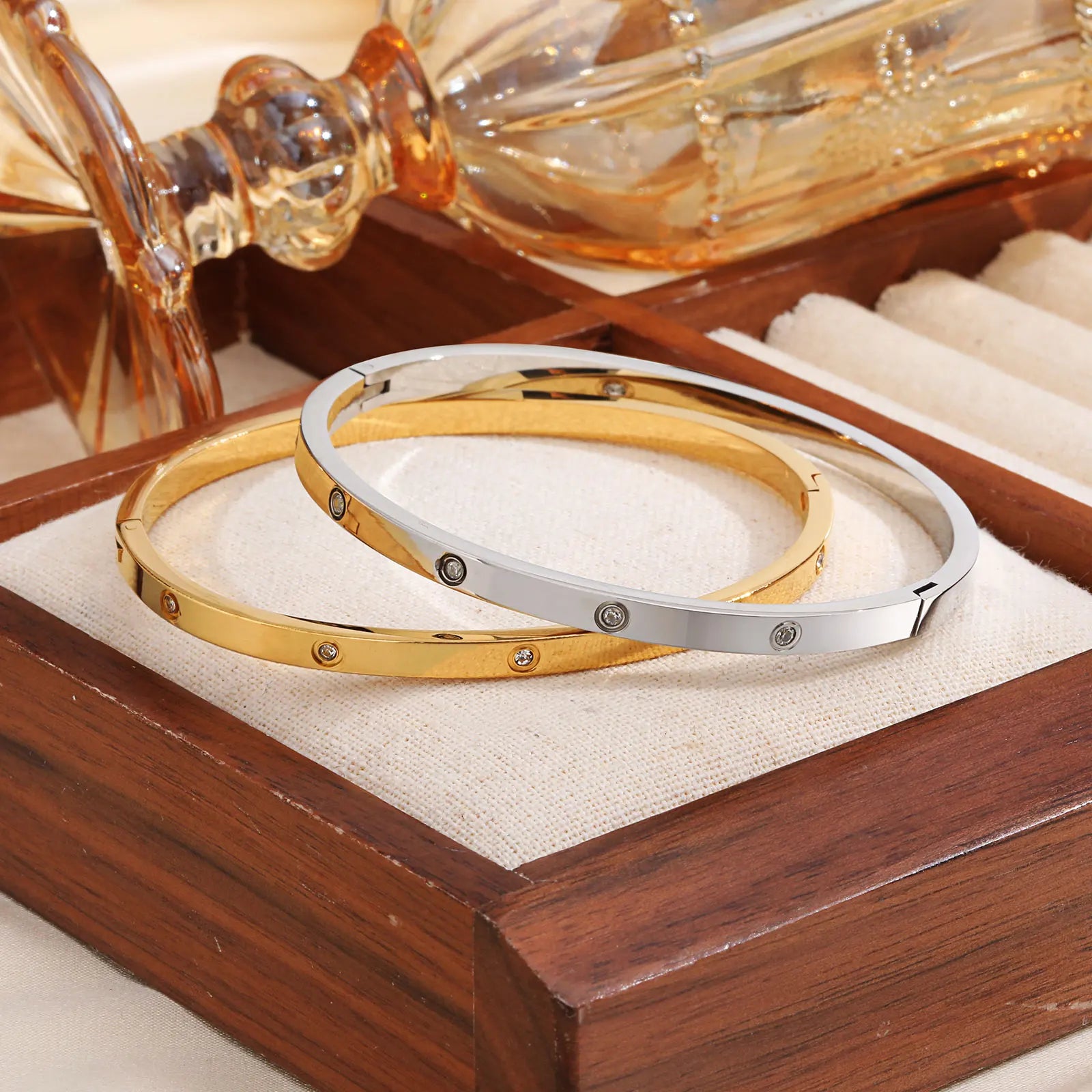 Luxury Gold-Plated Zircon Bangle – Waterproof Stainless Steel Bracelet for Women