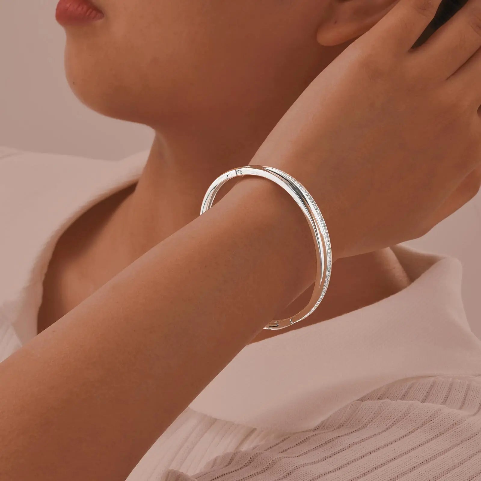 Luxury Layered Zircon Cuff Bracelet – Gold-Plated Stainless Steel Bangle for Women