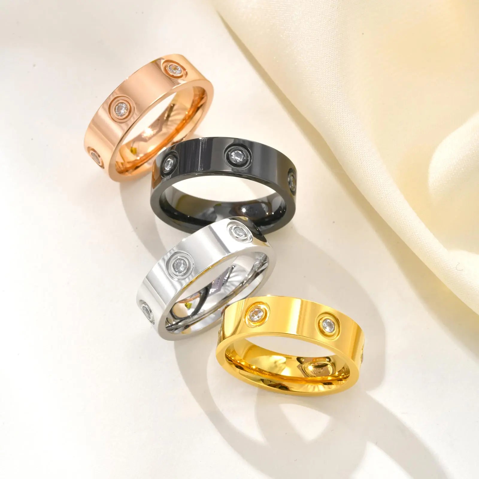Luxury Gold-Plated Zircon Ring – Unisex Stainless Steel Jewelry, Sizes 5–12