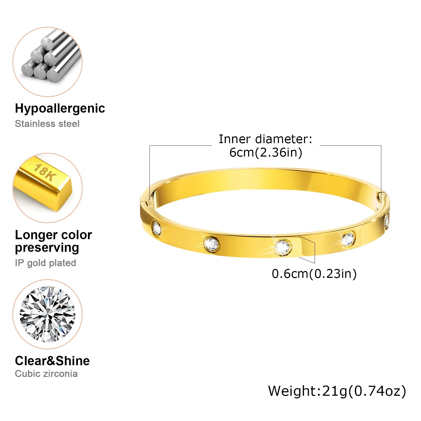 Luxury Gold-Plated Zircon Bangle – Waterproof Stainless Steel Bracelet for Women