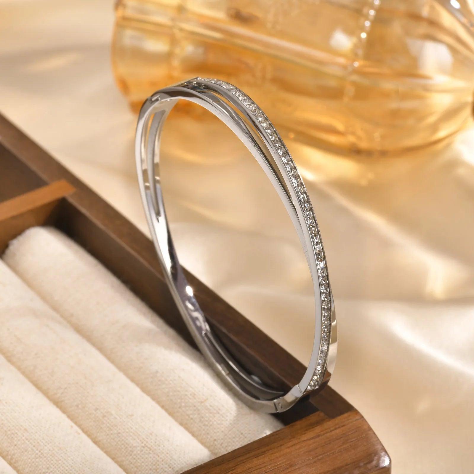 Luxury Layered Zircon Cuff Bracelet – Gold-Plated Stainless Steel Bangle for Women