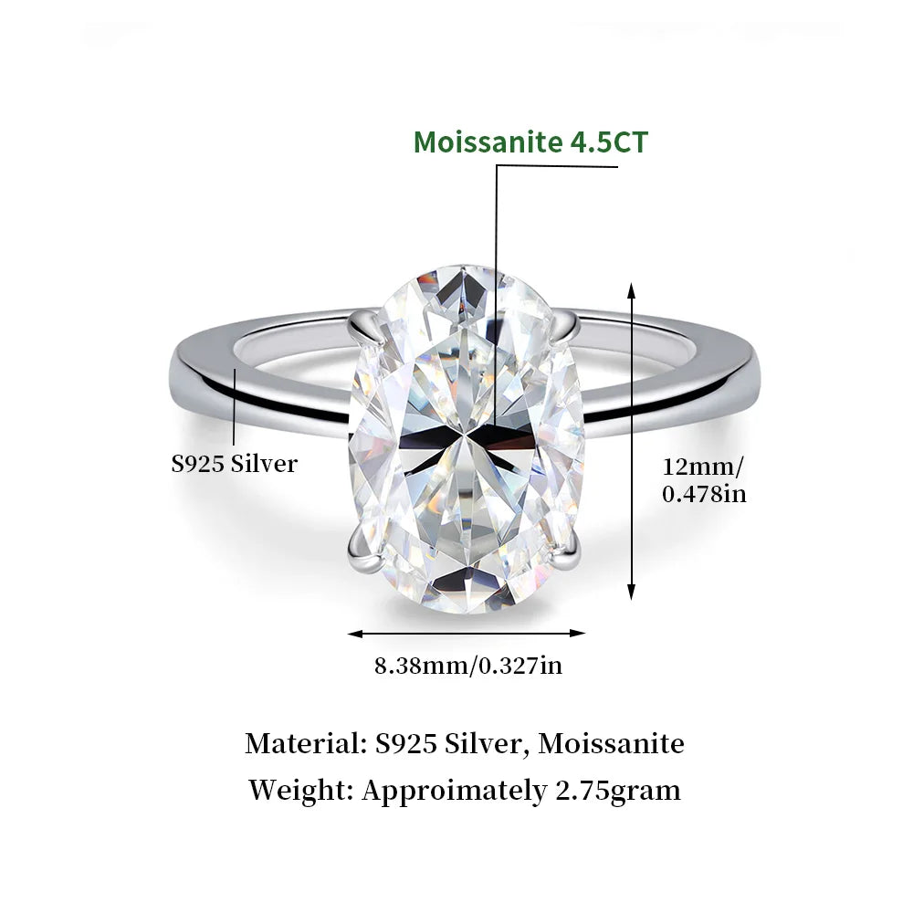 Certified 4.5CT Oval Cut Full Moissanite Ring for Women Lab Diamond Engagement Rings 925 Sterling Silver Wedding Band Jewelry