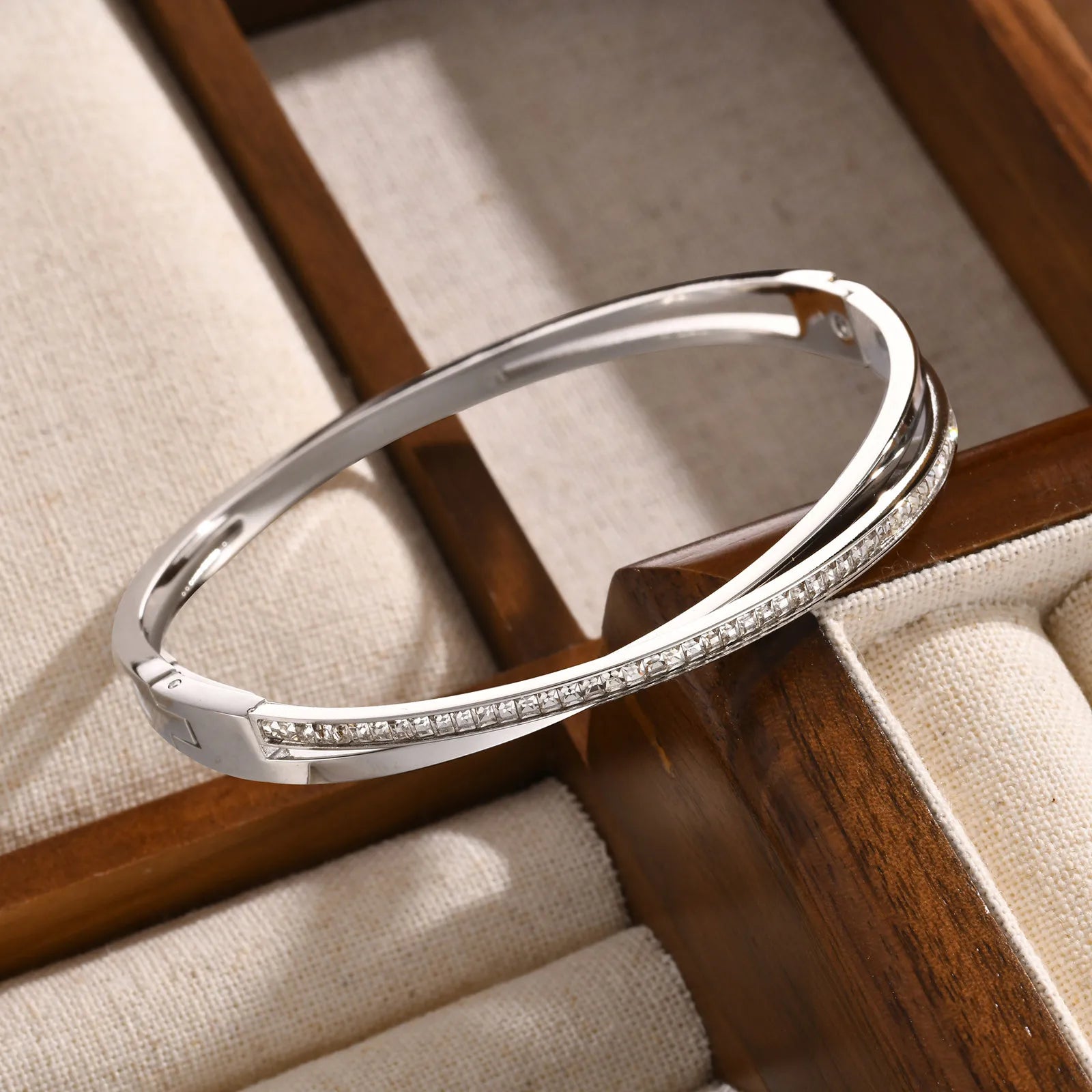 Luxury Layered Zircon Cuff Bracelet – Gold-Plated Stainless Steel Bangle for Women